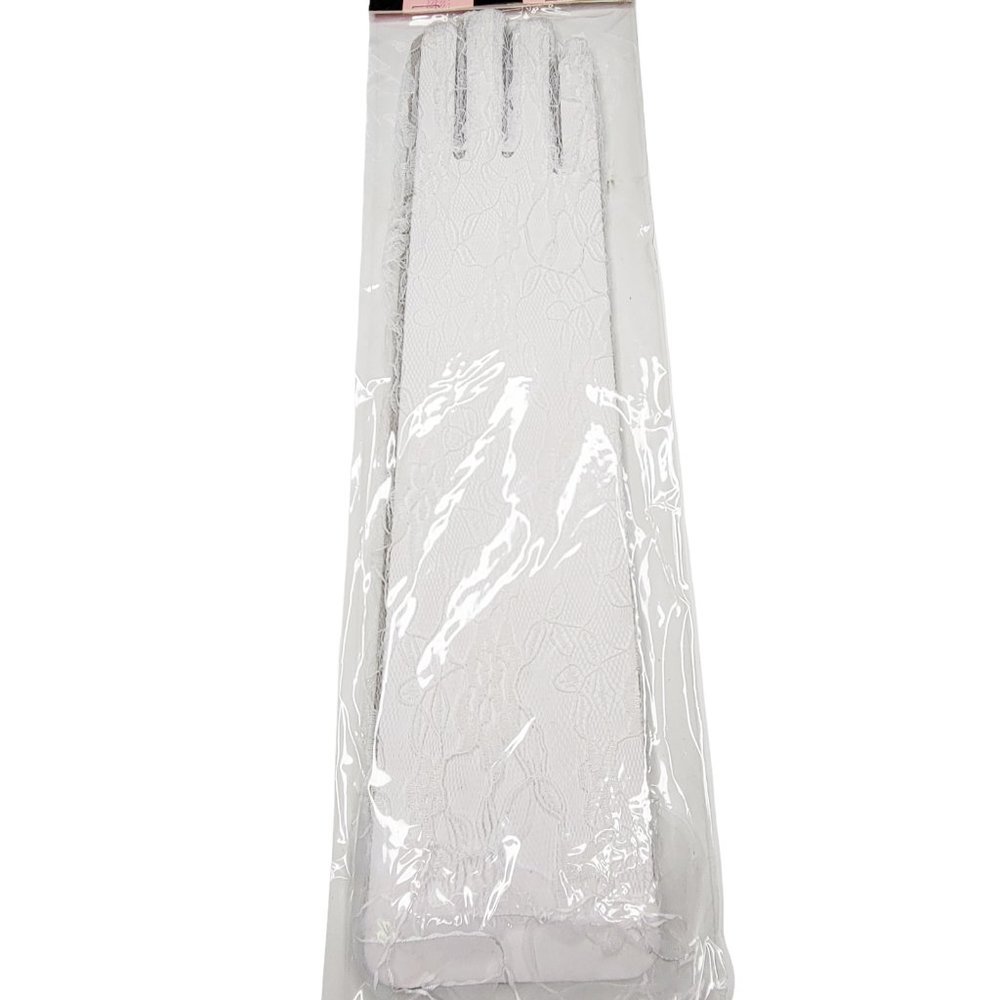 Lace Gloves with Ruffle Trim Mid Arm Length White